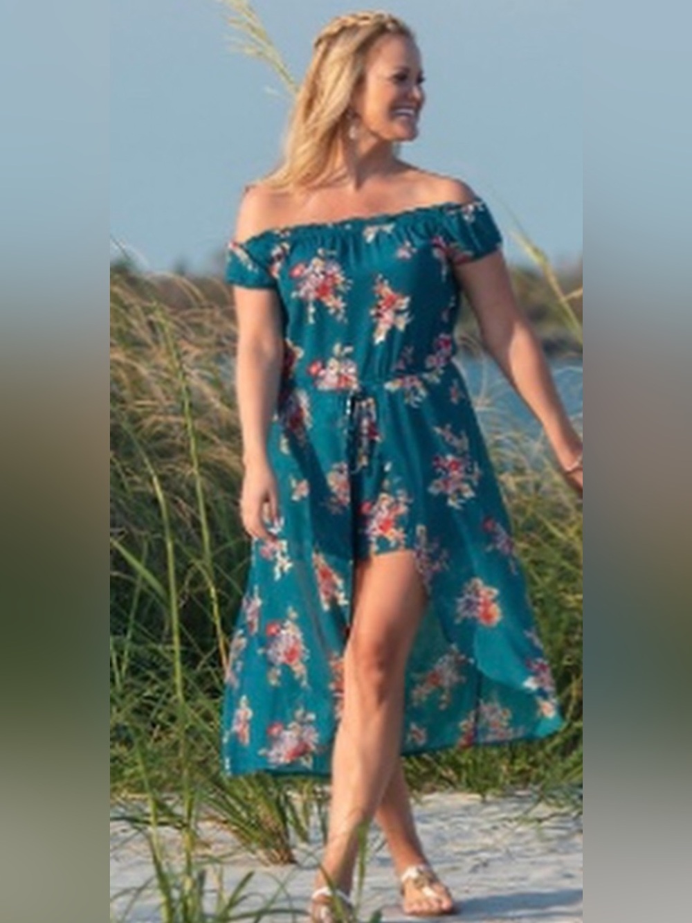Worn Once! Teal Floral Off-Shoulder High-Low Dress Romper- Size Medium